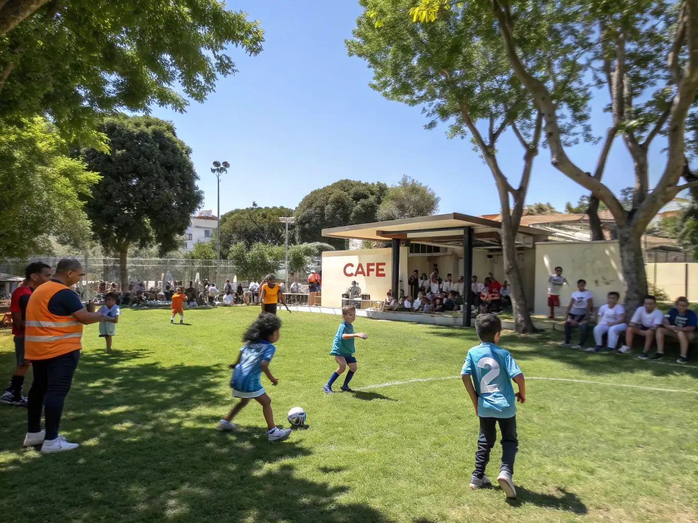 An energetic photo of children and adults playing soccer on a community field, representing the sports activities organized by OMCS.