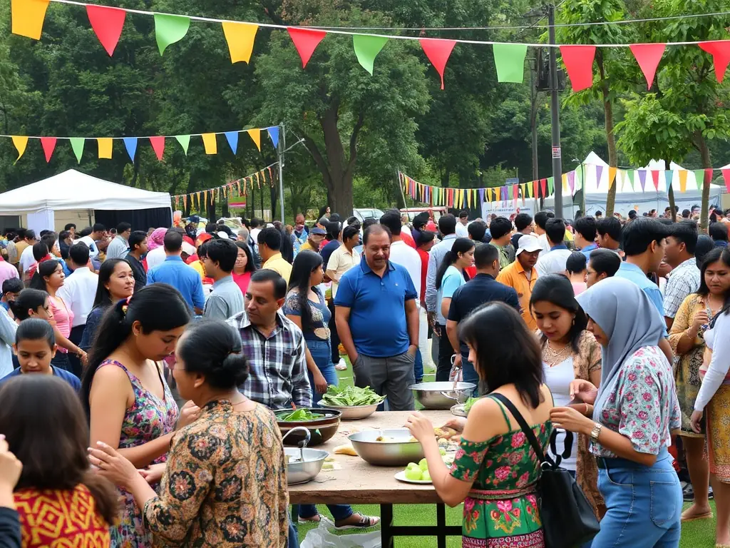 A lively photograph capturing the atmosphere of a community festival organized by OMCS, featuring music, food, and joyful interactions.