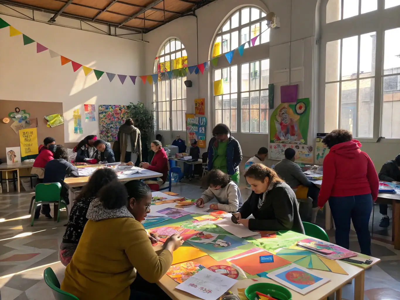A vibrant image of a community art workshop with participants engaged in painting and crafts, showcasing the cultural programs offered by OMCS.