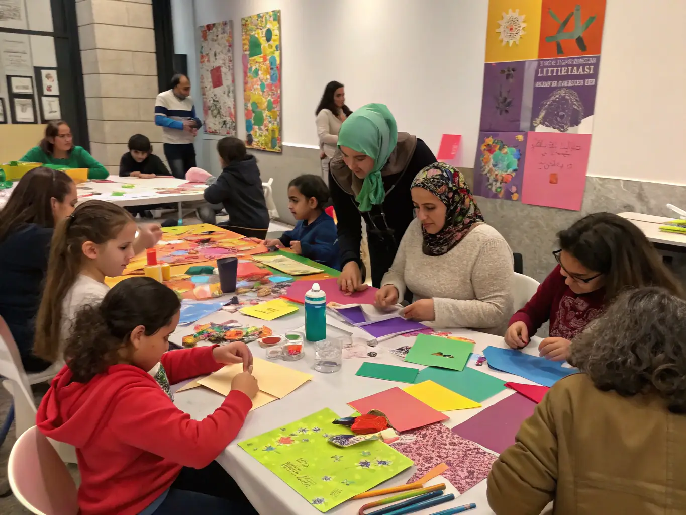 A vibrant image showcasing participants engaged in an art workshop at OMCS, with colorful paintings and enthusiastic expressions.