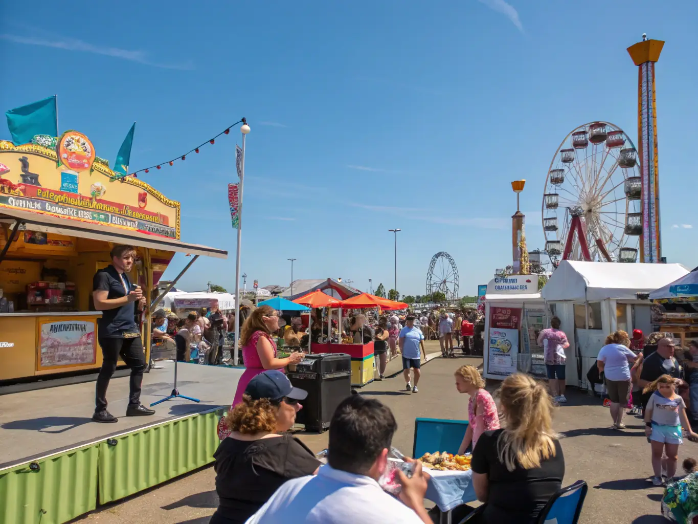 A lively scene from a community festival with music, dance, and food stalls, capturing the essence of community events organized by OMCS.